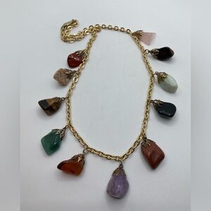 VINTAGE Amethyst Agate Goldstone Tigers Eye Dangle Real Gem Stone Necklace 18”